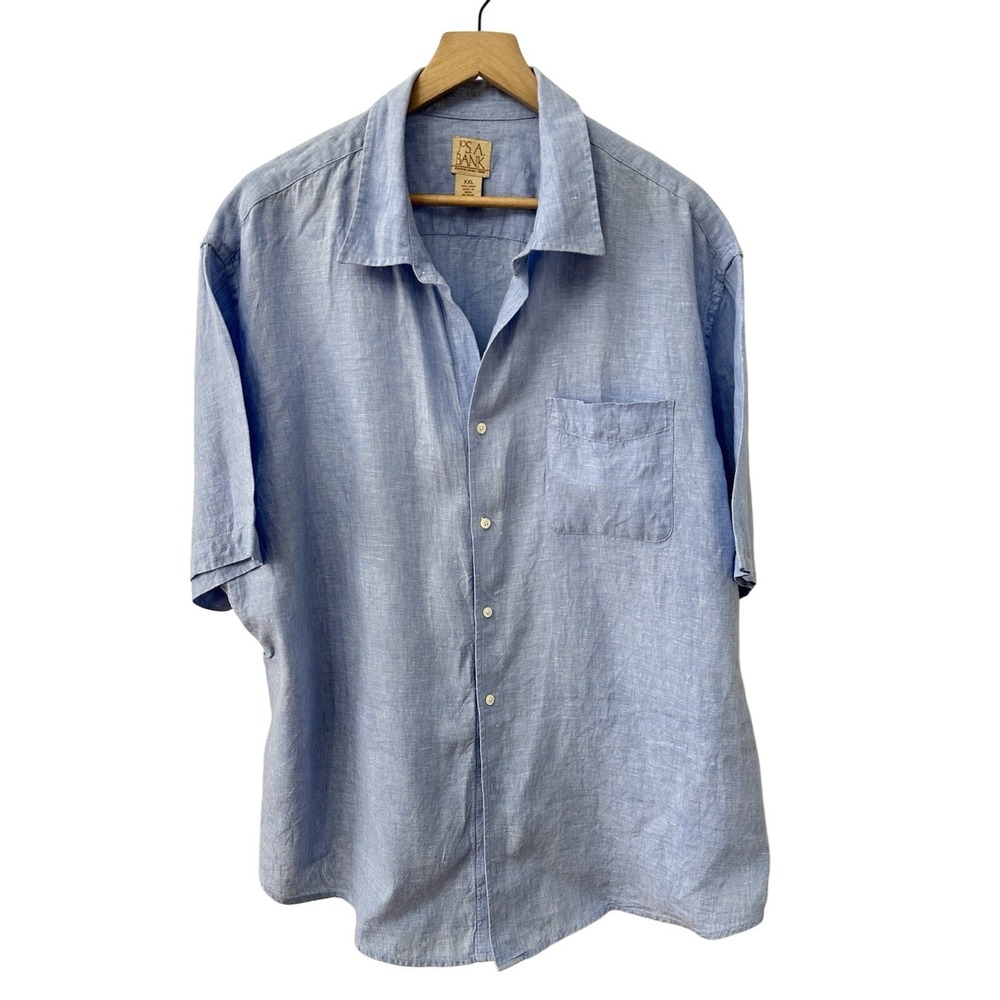 Jos. A. Bank Button Up Shirt XXL Light Blue 100% Linen Short‎ Sleeve Casual